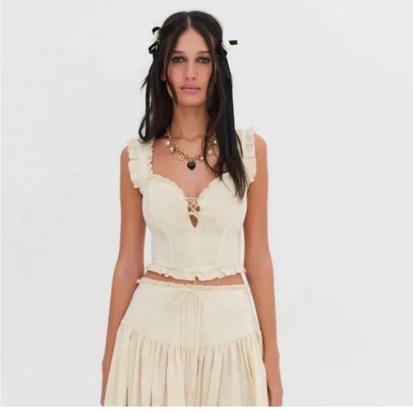 For Love & Lemons Gigi Floral Embroidered Sweetheart Ruffled Coset Crop Top - Picture 2 of 6